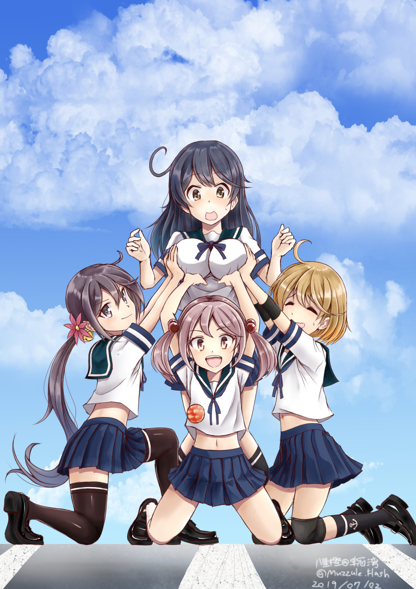 4girls, :d, absurdres, ahoge, akebono_(kantai_collection), badge, bell, black_footwear