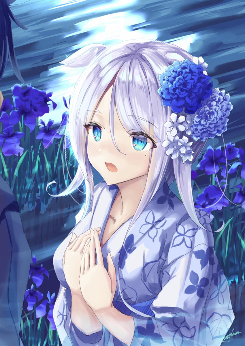 1boy, 1girl, :o, admiral_(kantai_collection), bangs, blue_eyes, blush, breasts
