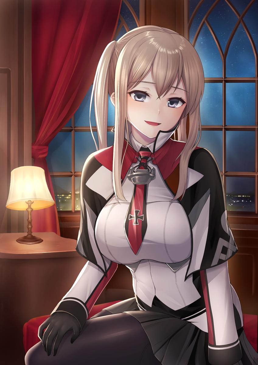 1girl, :d, black_gloves, black_legwear, blonde_hair, blush, breasts, capelet