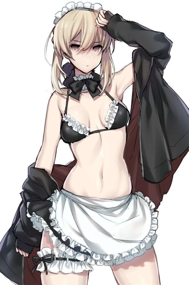 1girl, anoshabu, apron, artoria_pendragon_(all), artoria_pendragon_(swimsuit_rider_alter), blonde_hair, bow, bowtie
