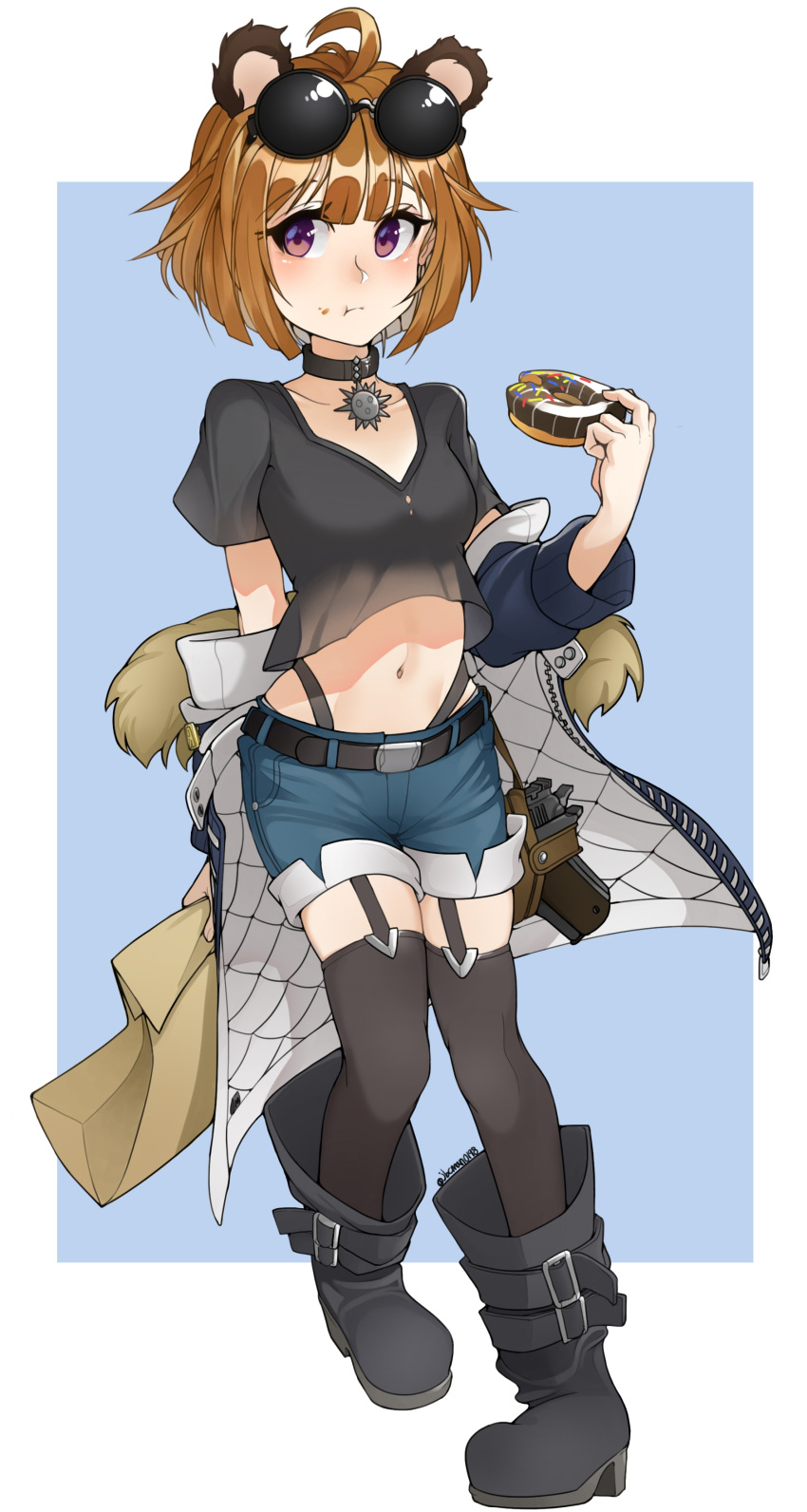 1girl, absurdres, ahoge, animal_ears, artist_name, bangs, bear_ears, belly