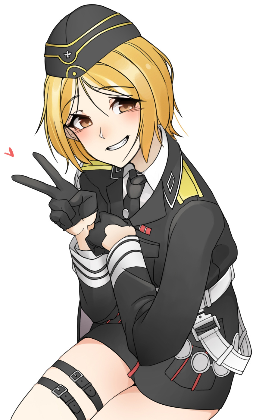 1girl, absurdres, bangs, belt, black_clothes, black_miniskirt, black_neckwear, blonde_hair, blush, brown_eyes, collared_shirt, eyebrows_visible_through_hair, german_clothes, girls_frontline, gloves, half_gloves, hat, heart, highres, jacket, leeb3397, long_sleeves, looking_at_viewer, military, military_hat, military_uniform, miniskirt, mp40_(girls_frontline), necktie, shirt, short_hair, simple_background, skirt, smile, solo, standing, teeth, thigh_strap, uniform, upper_body, v, white_background, white_shirt