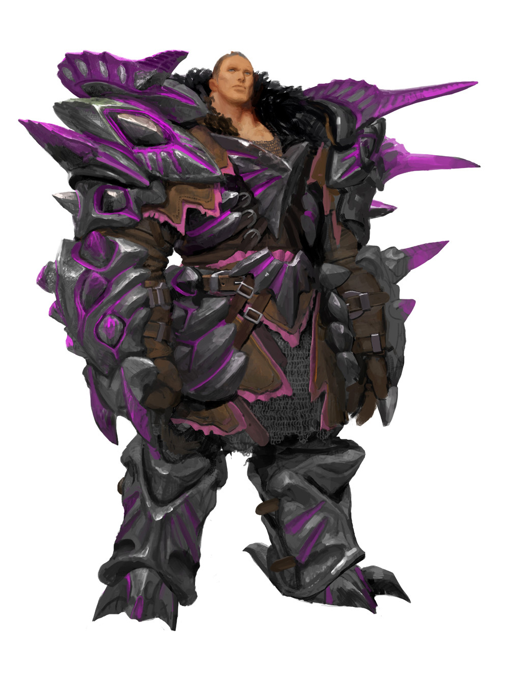 1boy, armor, arms_at_sides, belt, boots, chainmail, clenched_hand, concept_art, full_body, grey_footwear, highres, hunting_era, looking_at_viewer, male_focus, muscle, sangsoo_jeong, shoulder_spikes, simple_background, solo, spikes, standing, white_background