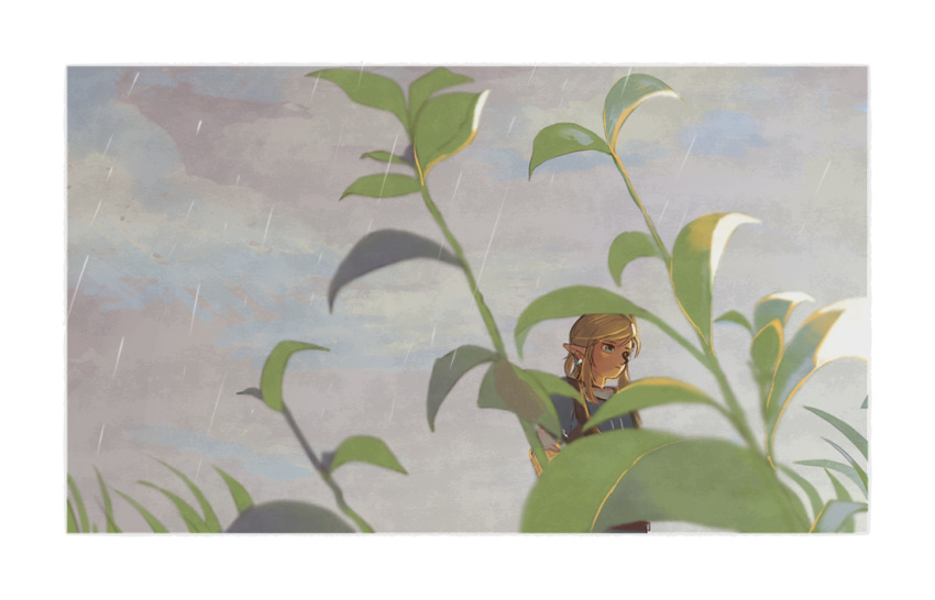 1boy, bangs, blonde_hair, blue_eyes, closed_mouth, clouds, commentary, earrings, frame, from_side, grass, grey_sky, jewelry, link, long_hair, long_sleeves, looking_to_the_side, male_focus, naru116, plant, pointy_ears, rain, sidelocks, solo, standing, the_legend_of_zelda, the_legend_of_zelda:_breath_of_the_wild