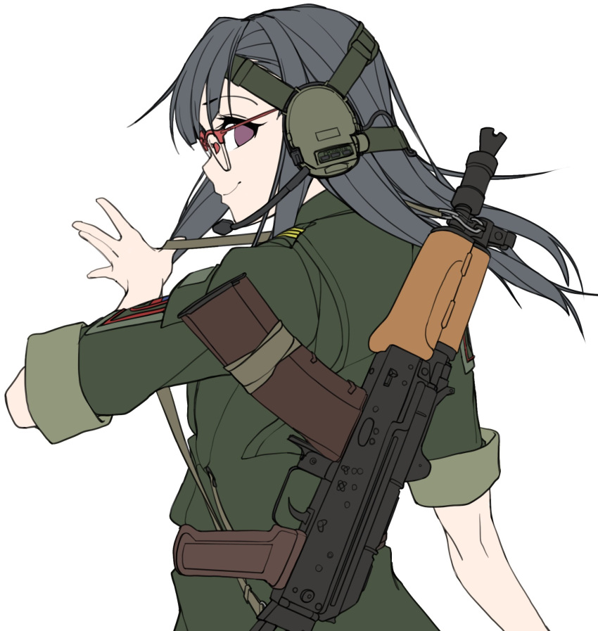 1girl, ak-74, assault_rifle, bangs, commentary, eyebrows_visible_through_hair, from_behind, glasses