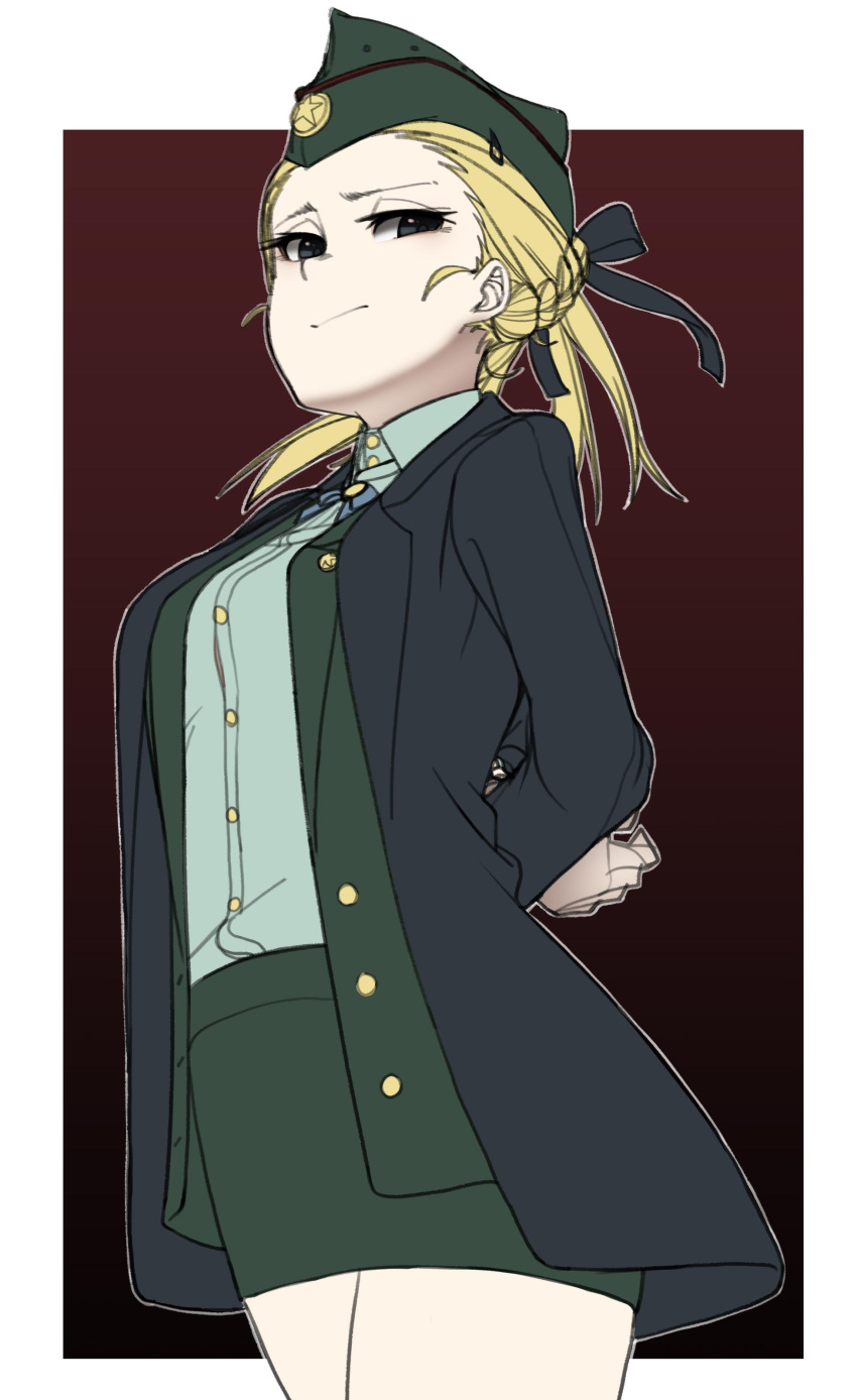 1girl, absurdres, arms_behind_back, black_eyes, black_ribbon, blonde_hair, breasts, buttons