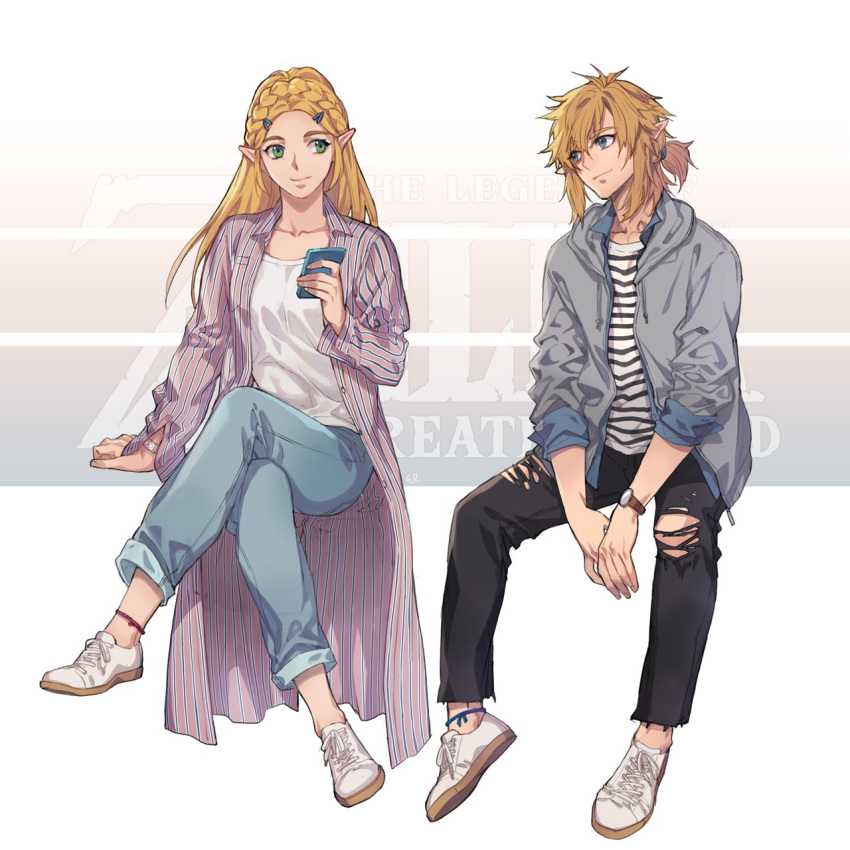 1boy, 1girl, alternate_costume, bangs, blonde_hair, blue_eyes, blue_ribbon, braid