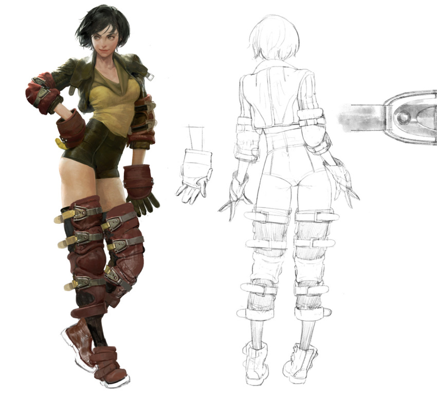 1girl, black_hair, black_legwear, brown_eyes, brown_footwear, brown_gloves, concept_art, from_behind