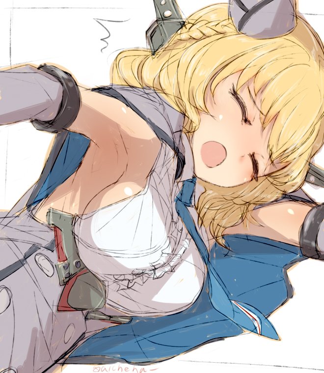1girl, alchera, blonde_hair, blue_neckwear, breasts, capelet, closed_eyes, colorado_(kantai_collection)
