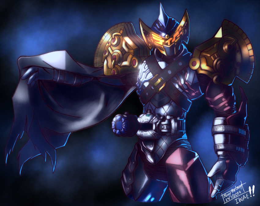 1boy, 2019, arm_blade, armor, belt, cape, compound_eyes, fins, helmet, horn, horns, joey_the_lazy, kamen_rider, kamen_rider_zamonas, kamen_rider_zi-o_(series), male_focus, rider_belt, solo, tagme, weapon, yellow_eyes