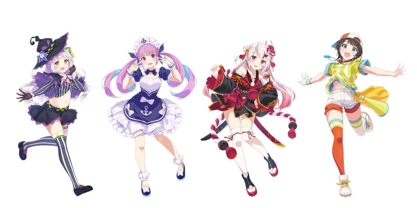 4girls, backwards_hat, bangs, blunt_bangs, drill_hair, hat, highres, hololive, horns, maid, maid_headdress, minato_aqua, miniskirt, multicolored_hair, multiple_girls, murasaki_shion, nakiri_ayame, narumi_nanami, navel, official_art, oni_mask, oozora_subaru, purple_hair, shorts, skirt, tagme, thigh-highs, twin_drills, twintails, virtual_youtuber, white_hair, witch, witch_hat, zettai_ryouiki