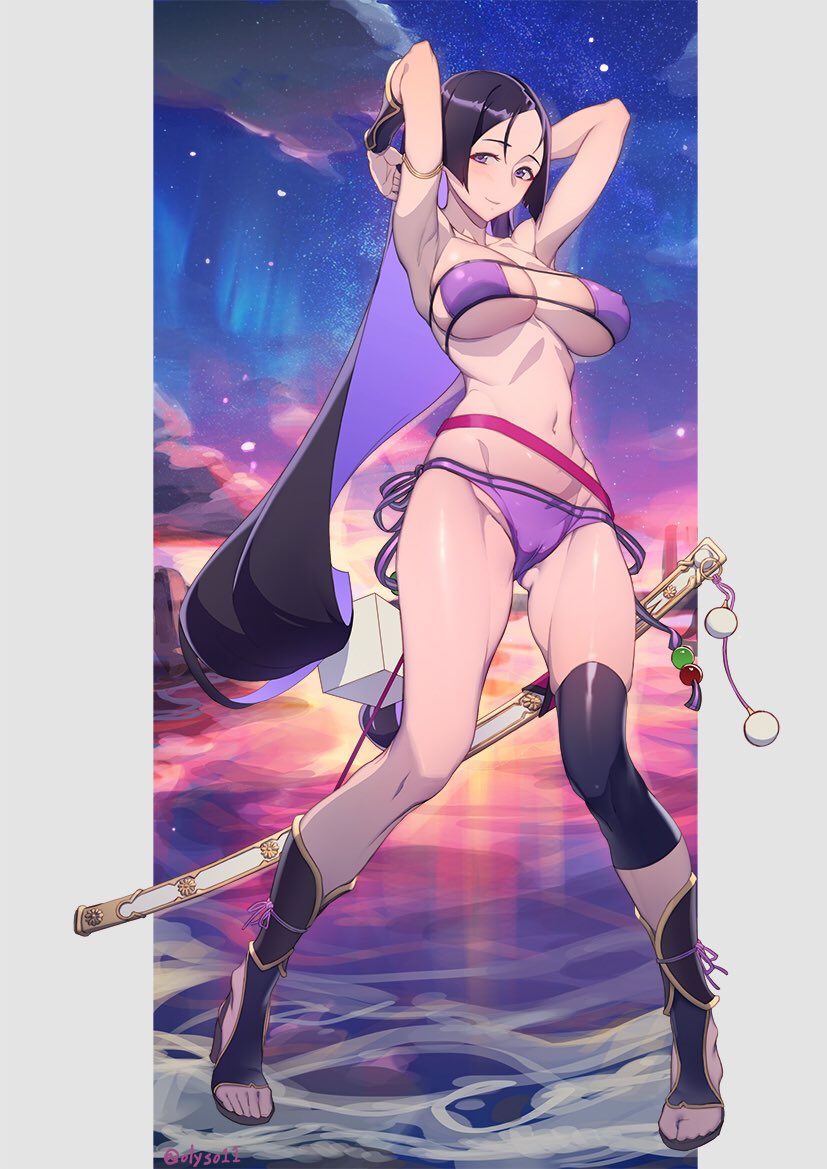 1girl, armlet, arms_behind_head, bangs, beach, bikini, black_footwear, breasts