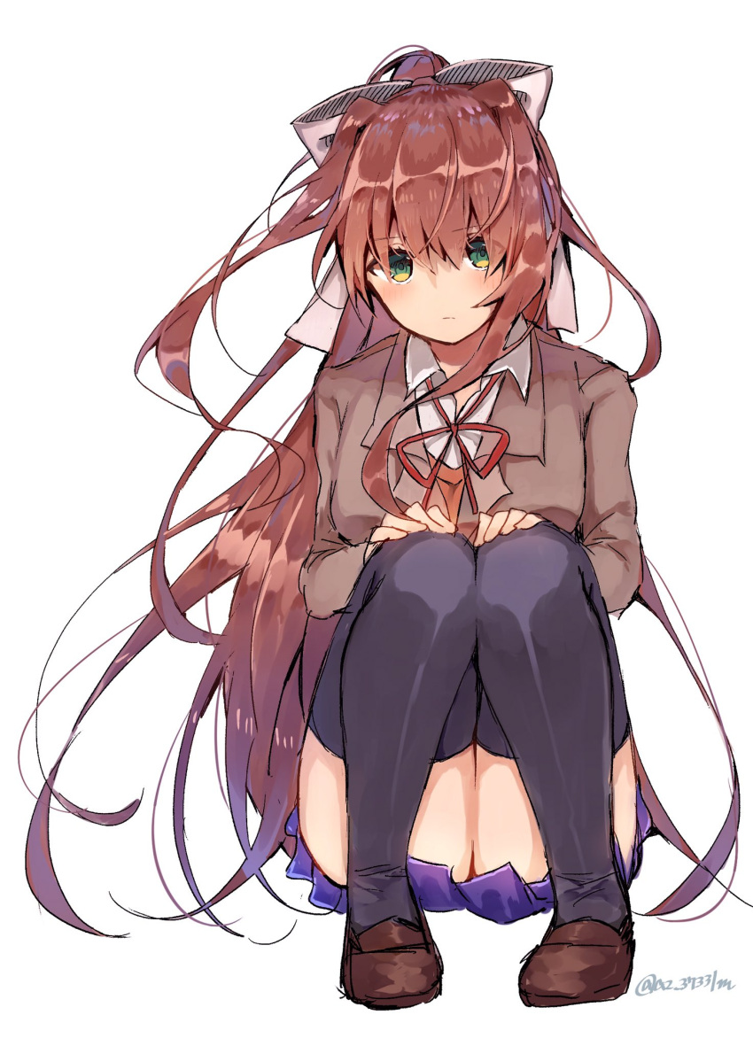 1girl, artist_name, az_37331m, bangs, black_legwear, blazer, blue_skirt, blush, bow, brown_hair, closed_mouth, collared_shirt, commentary_request, doki_doki_literature_club, eyebrows_visible_through_hair, full_body, green_eyes, hair_between_eyes, hair_bow, hair_intakes, hands_on_own_knees, highres, jacket, long_hair, long_sleeves, looking_at_viewer, monika_(doki_doki_literature_club), neck_ribbon, over-kneehighs, pleated_skirt, ponytail, red_ribbon, ribbon, school_uniform, shirt, sidelocks, simple_background, skirt, solo, squatting, thigh-highs, white_background, white_bow, white_ribbon, wing_collar