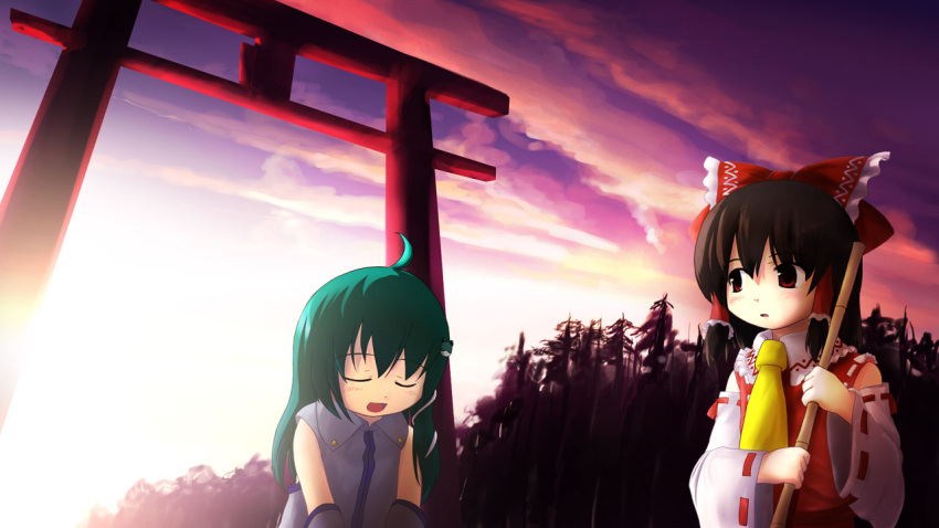 black_hair, bow, bowing, chipika, closed_eyes, detached_sleeves, green_hair, hair_bow