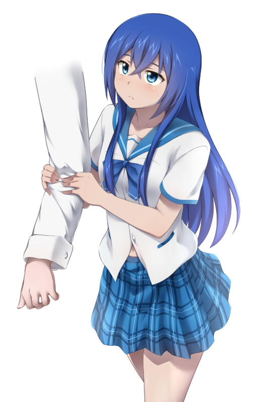 1boy, 1girl, arm_grab, astarte_(strike_the_blood), blue_eyes, blue_hair, blue_sailor_collar, blue_skirt
