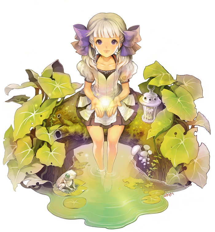 chkuyomi, feet_in_water, frog, hair_bow, hair_ribbon, hair_ribbons, lantern, lily_pad