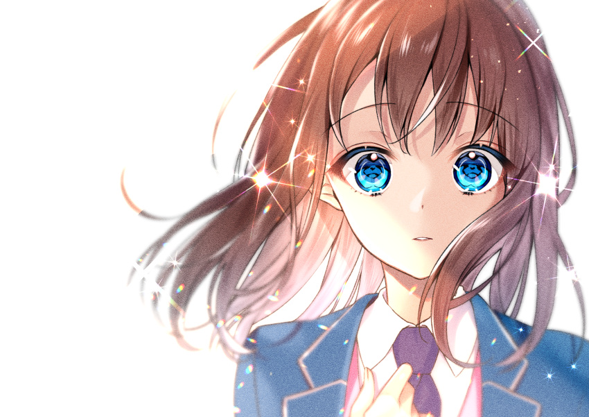 1girl, anzu_(ensemble_stars!), backlighting, bangs, blazer, blue_eyes, blue_jacket, brown_hair