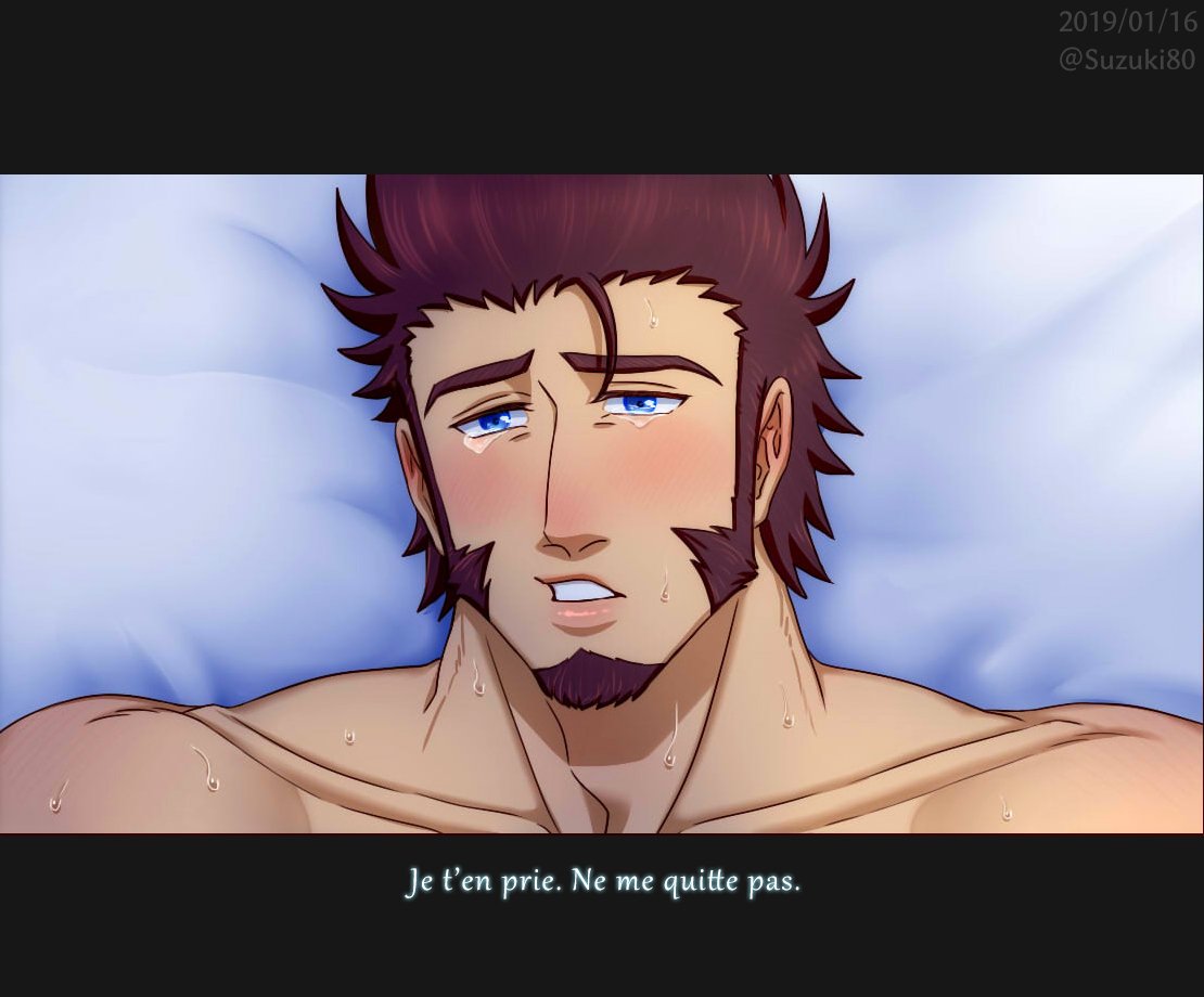 1boy, bare_shoulders, beard, bed, blue_eyes, blush, brown_hair, chest