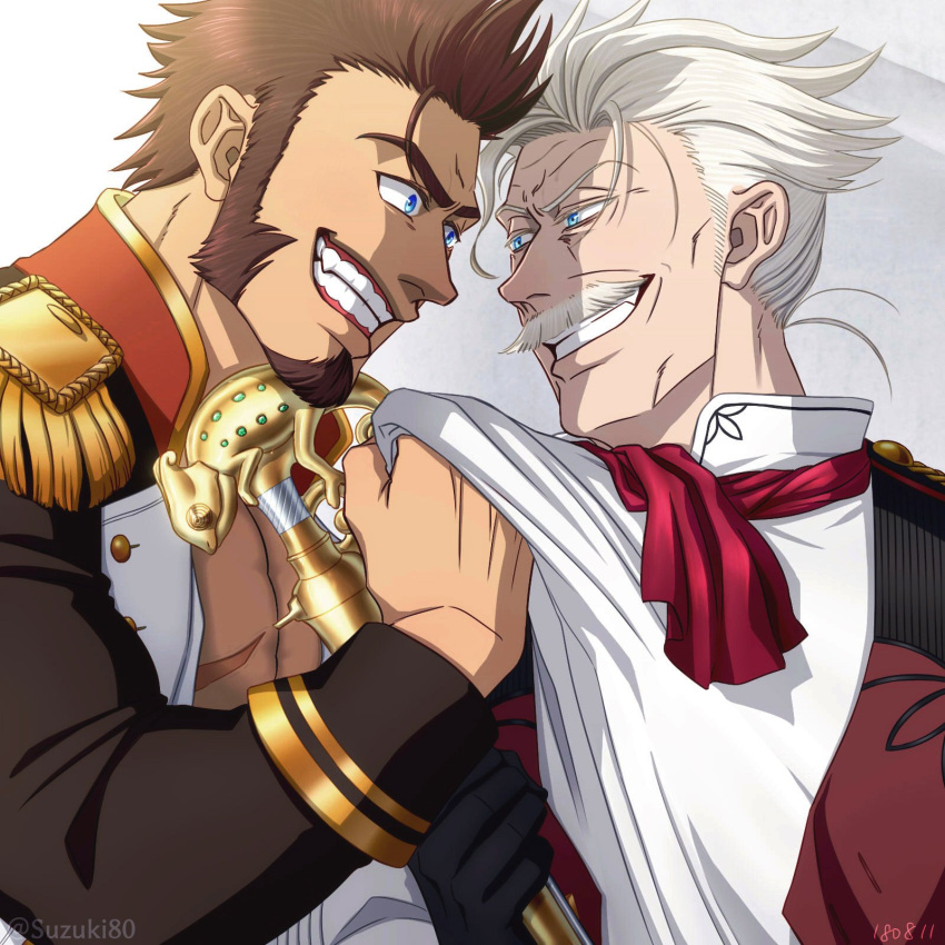 1boy, 2boys, beard, blue_eyes, brown_hair, chest, commentary_request, epaulettes