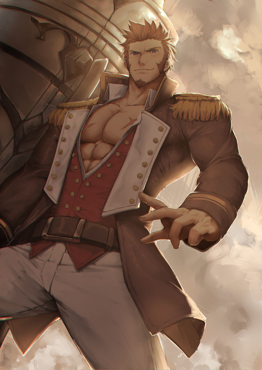 1boy, abs, bad_id, beard, blue_eyes, brown_hair, chest, epaulettes
