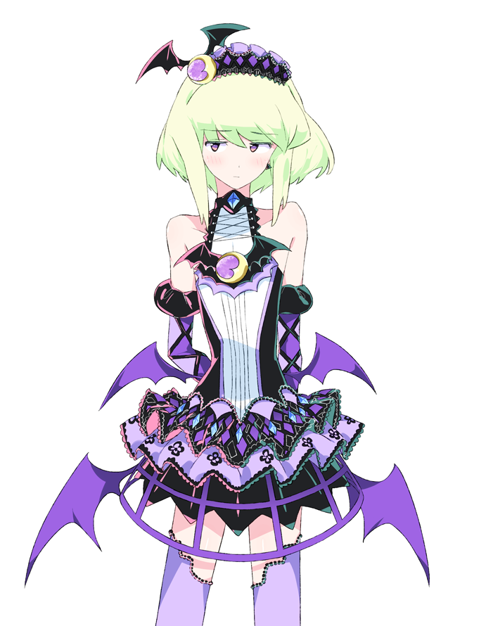 1boy, bat_wings, blonde_hair, crossdressinging, dress, earrings, frills, gloves