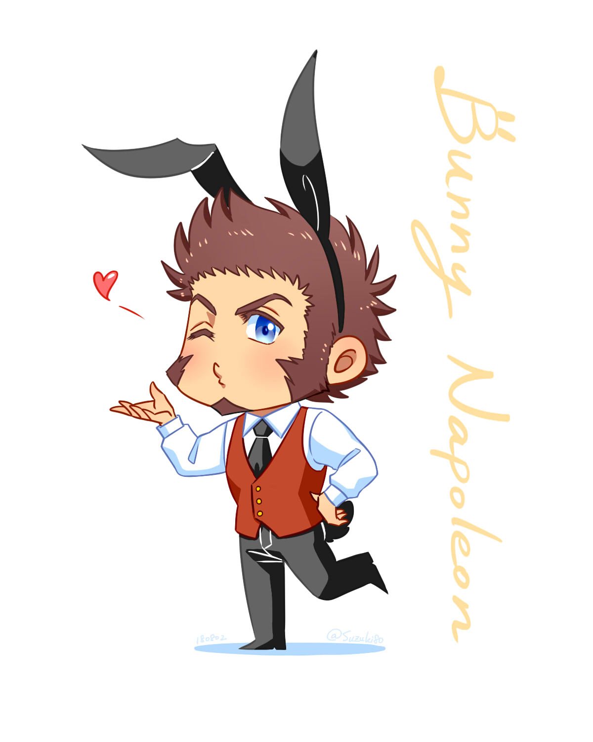 1boy, beard, blue_eyes, blush, brown_hair, chibi, commentary_request, facial_hair