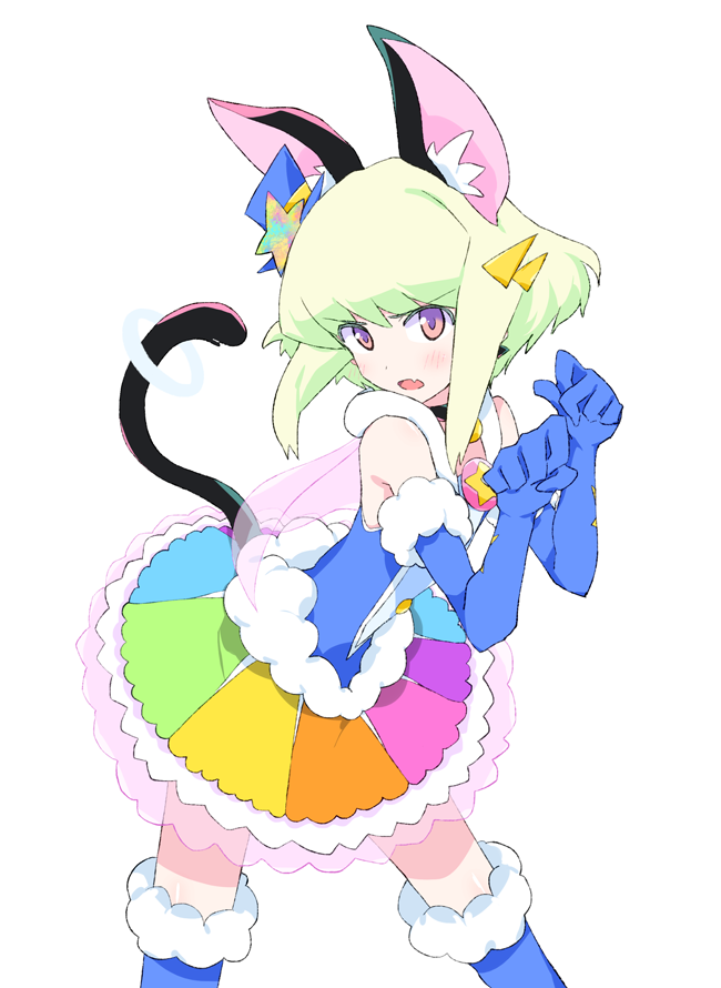 1boy, animal_ears, blonde_hair, cat_ears, cat_tail, crossdressinging, dress, earrings, frills, gloves, gothic, green_hair, half_gloves, jewelry, lio_fotia, otakebi, otoko_no_ko, paw_pose, promare, simple_background, star, tail, white_background