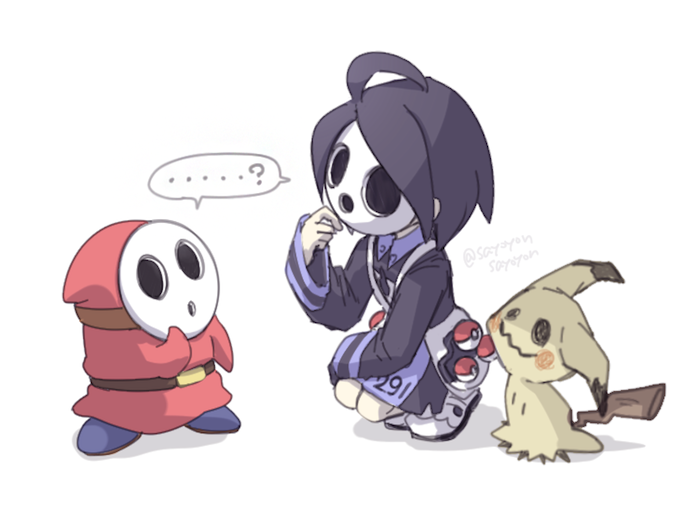 1boy, 2others, ?, ahoge, bag, black_hair, black_shirt, commentary