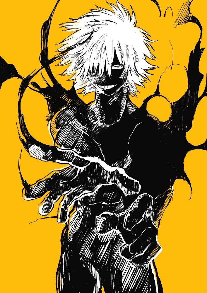 1boy, black_skin, boku_no_hero_academia, green_eyes, hair_over_one_eye, kuroiro_shihai, male_focus, solo