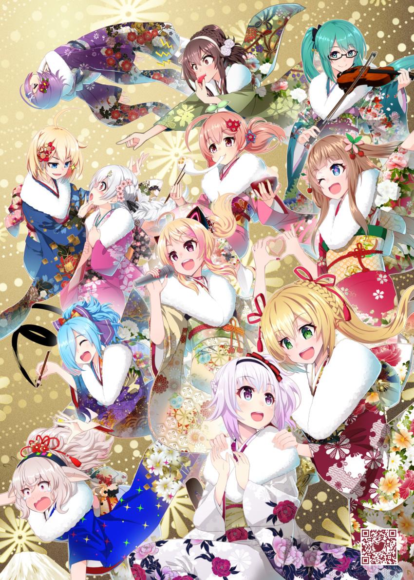 .live, 6+girls, :d, ahoge, anchor_hair_ornament, animal_ears, arm_up, bangs