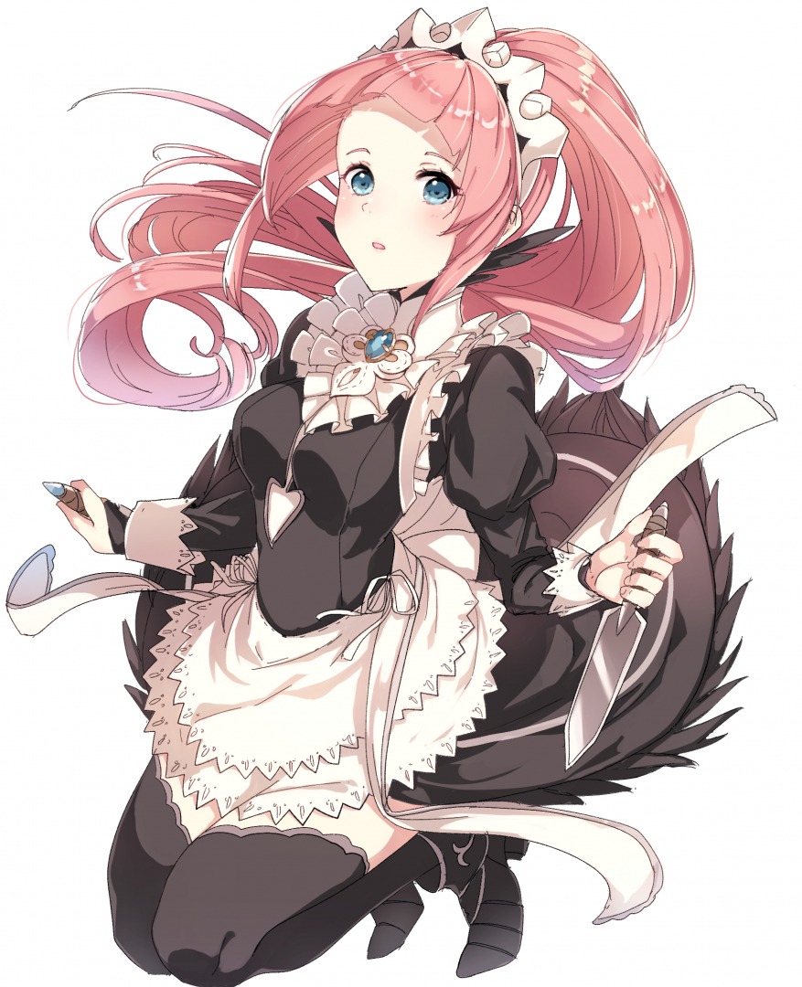 1girl, apron, black_dress, black_footwear, black_legwear, blue_eyes, blush, breasts