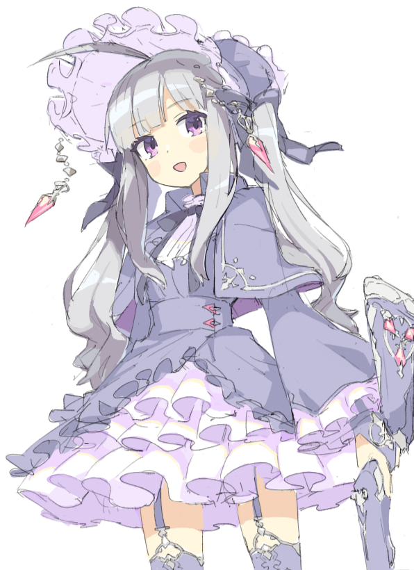 1girl, :d, bangs, blunt_bangs, blush, breasts, bridal_gauntlets, capelet