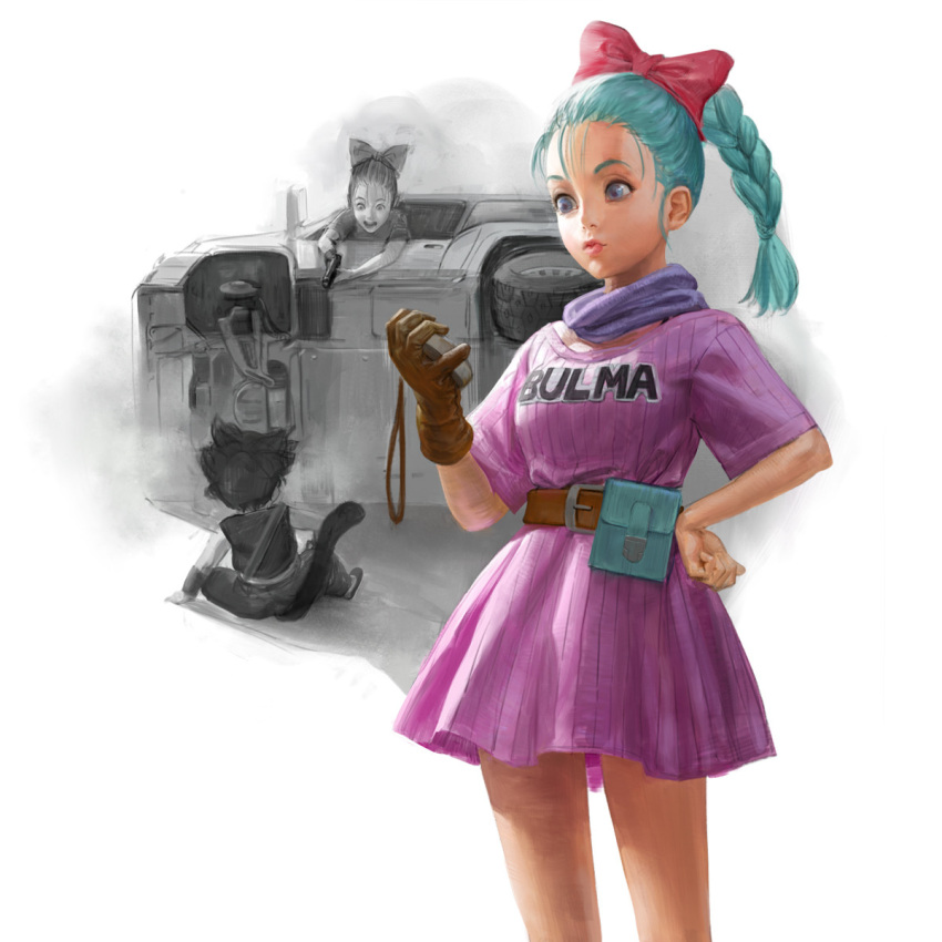 1girl, aqua_hair, belt, black_hair, blue_eyes, braid, brown_gloves, bulma, car, character_name, compass, dragon_ball, gloves, ground_vehicle, gun, hand_on_hip, highres, motor_vehicle, pink_skirt, pouch, saiyan, sangsoo_jeong, single_glove, skirt, son_gokuu, standing, tail, weapon