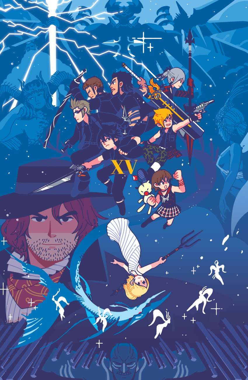 4girls, 6+boys, absurdres, aranea_highwind, ardyn_izunia, bahamut_(final_fantasy), black_hair, blonde_hair
