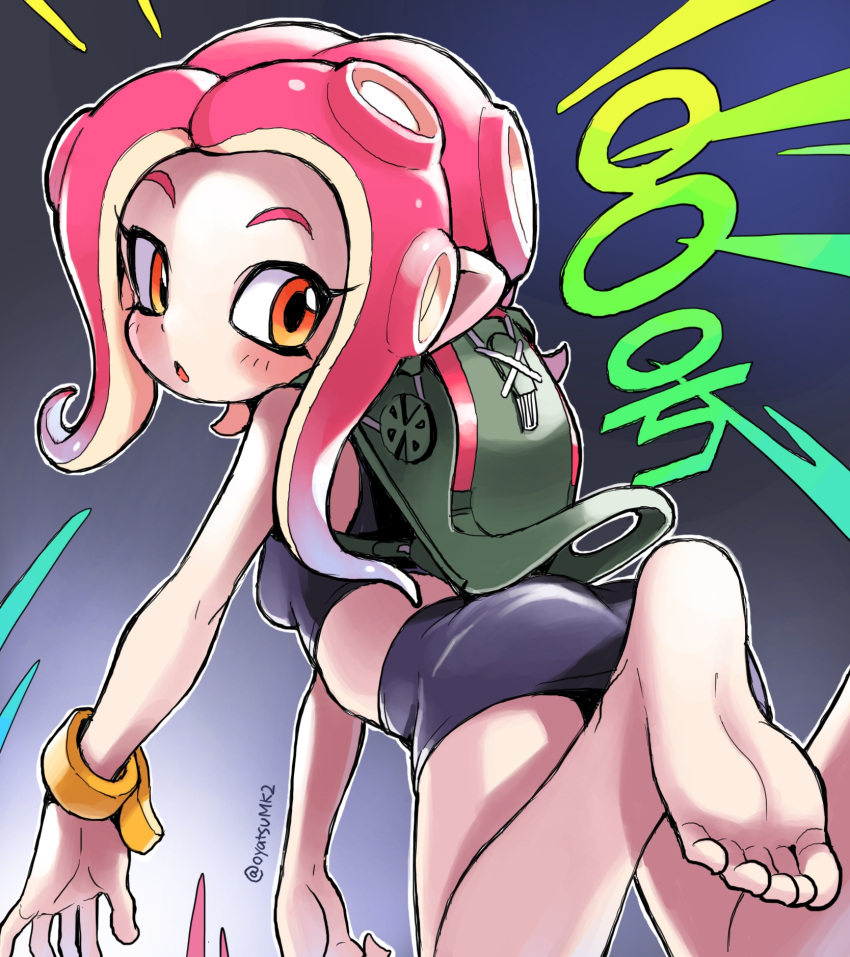 1girl, :o, bag, barefoot, blush, breasts, feet, highres, leg_up, looking_back, octoling, open_mouth, orange_eyes, oyatsu_(mk2), pencil_skirt, redhead, skirt, small_breasts, soles, solo, splatoon_(series), splatoon_2, squidbeak_splatoon, tentacle_hair, toes, wristband