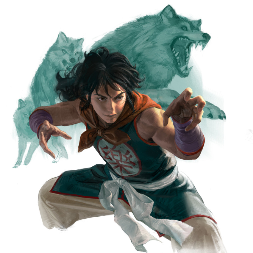 1boy, black_hair, brown_eyes, dougi, dragon_ball, dragon_ball_(classic), fangs, fighting_stance, highres, long_hair, male_focus, open_mouth, sangsoo_jeong, sidelocks, simple_background, smile, solo, white_background, wolf, yamcha