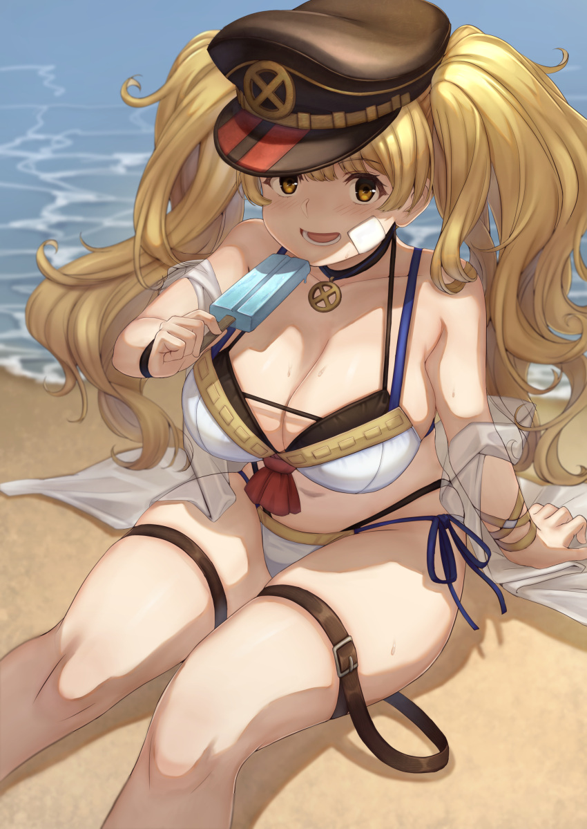 1girl, absurdres, bandaid, bandaid_on_face, bangs, beach, bikini, bikini_top