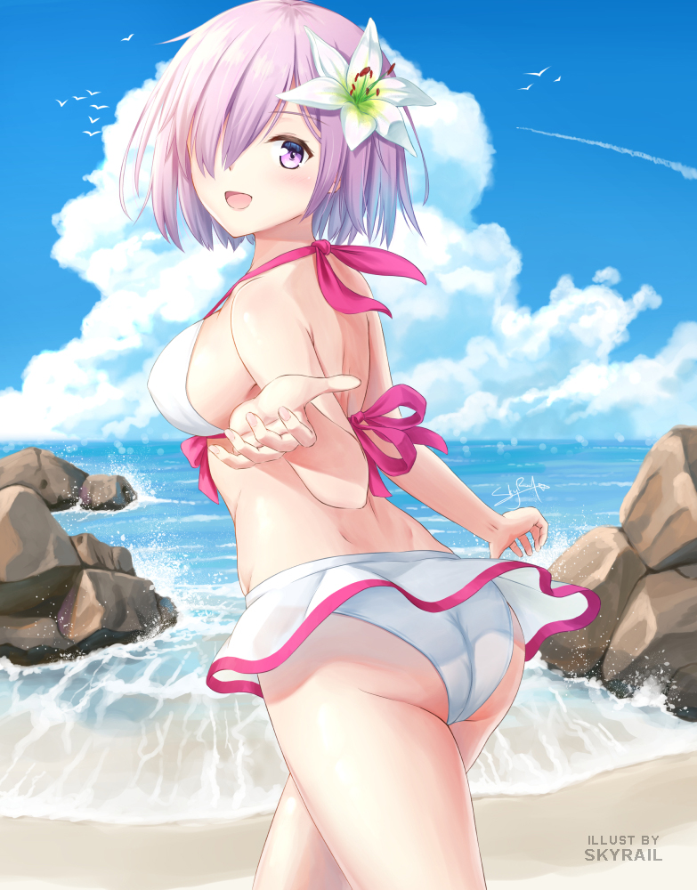 1girl, adapted_costume, ass, beach, bikini, bikini_skirt, blue_sky, bow
