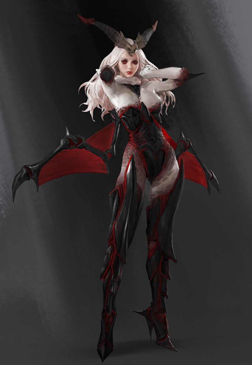 arms_up, black_footwear, black_legwear, concept_art, full_body, grey_background, high_heels, highres