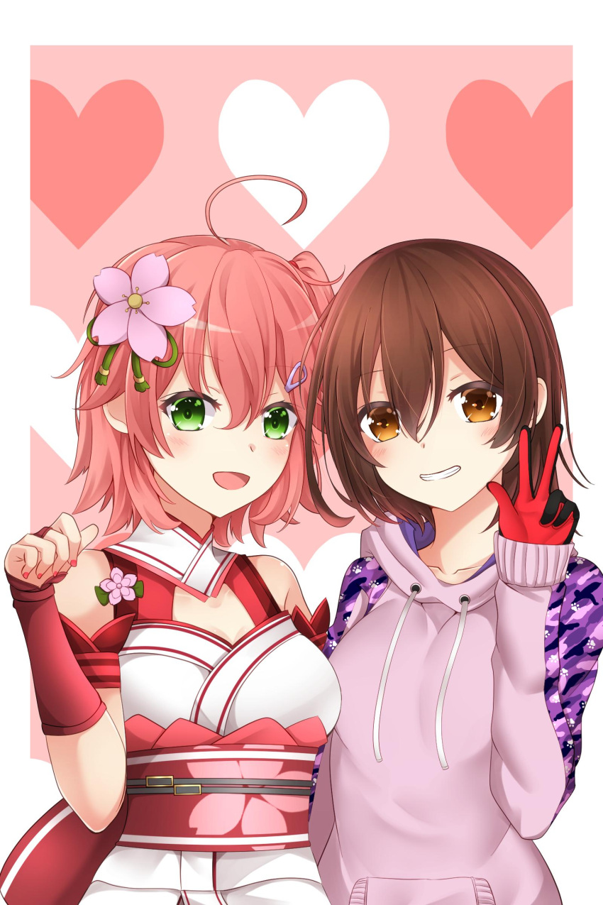 2girls, absurdres, ahoge, bare_shoulders, belt, breasts, brown_eyes, brown_hair