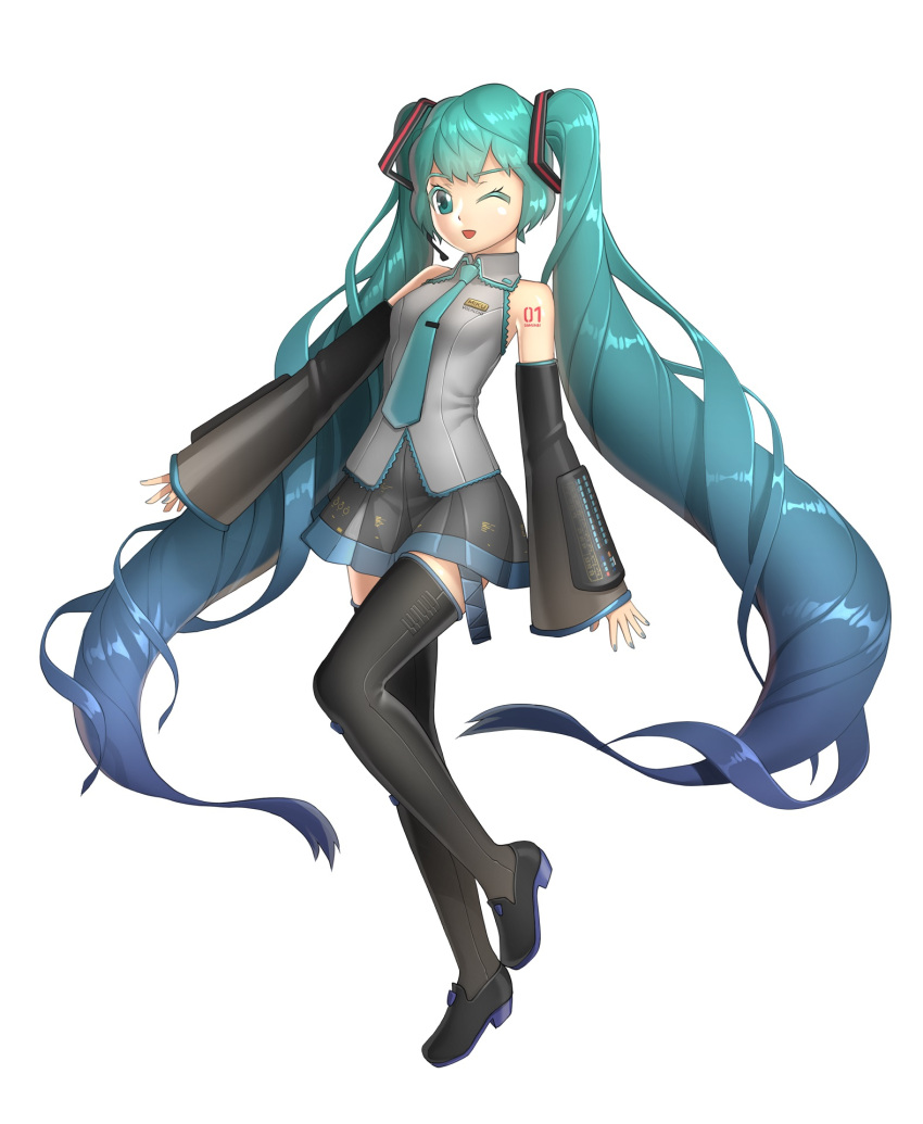 1girl, boots, green_eyes, green_hair, hatsune_miku, highres, thigh-highs, thigh_boots, troy7737, twintails, vocaloid