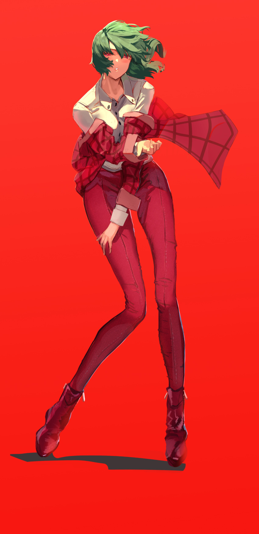 1girl, absurdres, alternate_costume, bangs, blush, boots, chestnut_mouth, collared_shirt