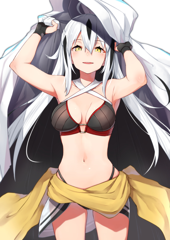 1girl, armpits, arms_up, bikini, black_bikini, black_gloves, black_hair, breasts