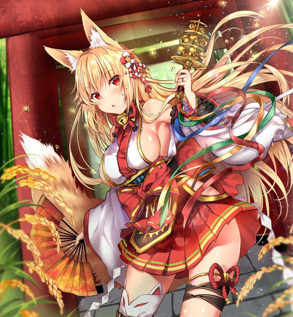1girl, animal_ear_fluff, animal_ears, armpits, bare_shoulders, bell, blonde_hair, bow, breasts, chestnut_mouth, detached_sleeves, fan, floating_hair, fox_ears, fox_tail, hair_ornament, hakama_skirt, hip_vent, holding, japanese_clothes, jewelry, jingle_bell, kagura_suzu, kimono, large_breasts, long_hair, long_sleeves, looking_at_viewer, miko, obi, original, parted_lips, pleated_skirt, red_bow, red_eyes, red_skirt, ring, rope, sash, shimenawa, sideboob, skirt, solo, sparkle, tail, thighs, toori, usagihime, white_kimono, wide_sleeves