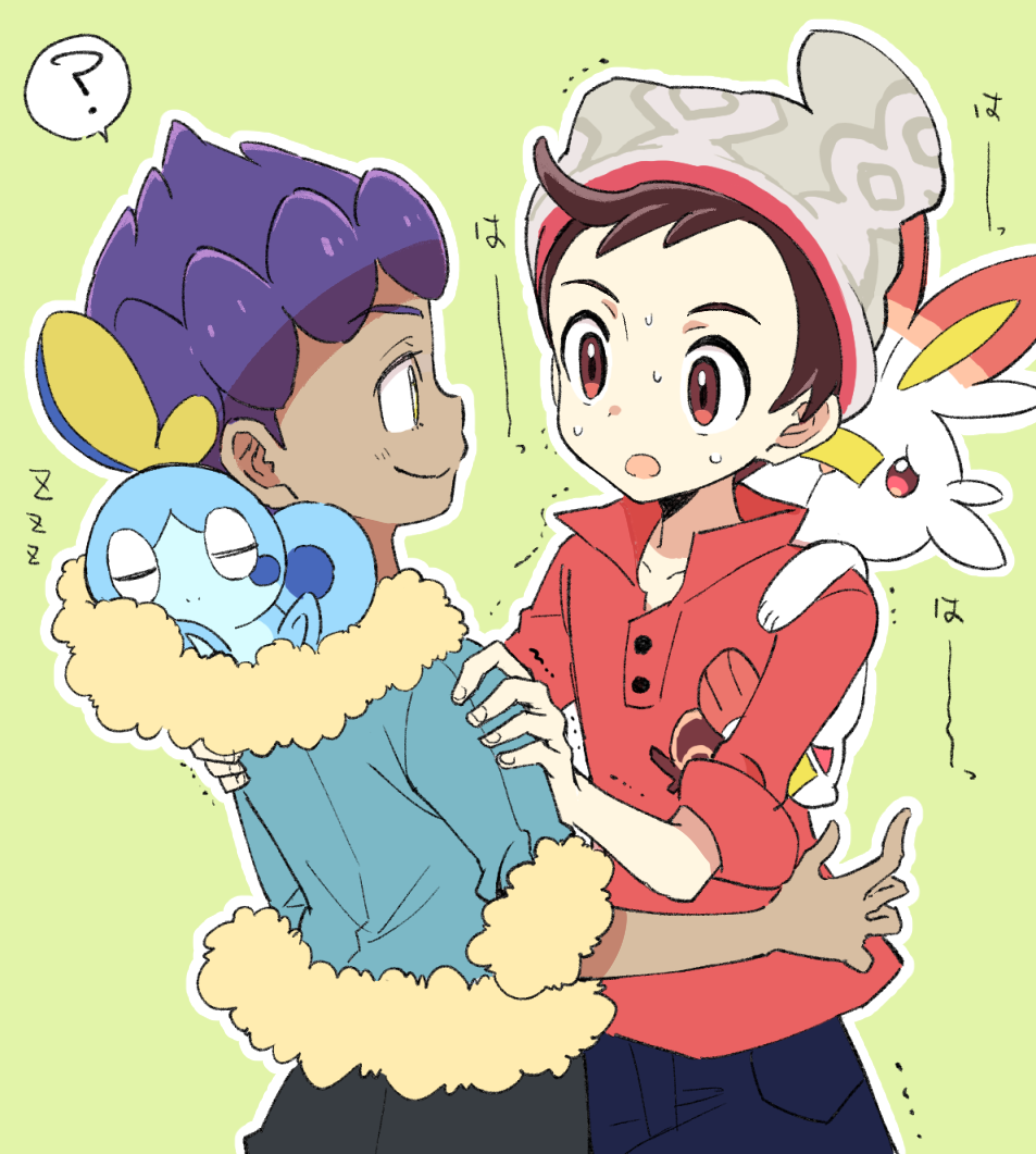 2boys, ?, beanie, black_pants, blue_jacket, blue_pants, cable_knit, carrying, closed_mouth, dark_skin, dark_skinned_male, fur_trim, gen_8_pokemon, green_background, hands_on_another's_shoulders, hat, hop_(pokemon), jacket, looking_at_another, male_focus, male_protagonist_(pokemon_swsh), mikanbako_(aitatadon3), multiple_boys, open_mouth, outline, pants, piggyback, pokemon, pokemon_(creature), pokemon_(game), pokemon_swsh, purple_hair, red_eyes, red_shirt, scorbunny, shirt, simple_background, sleeping, sobble, spoken_question_mark, trembling, white_outline, yellow_eyes