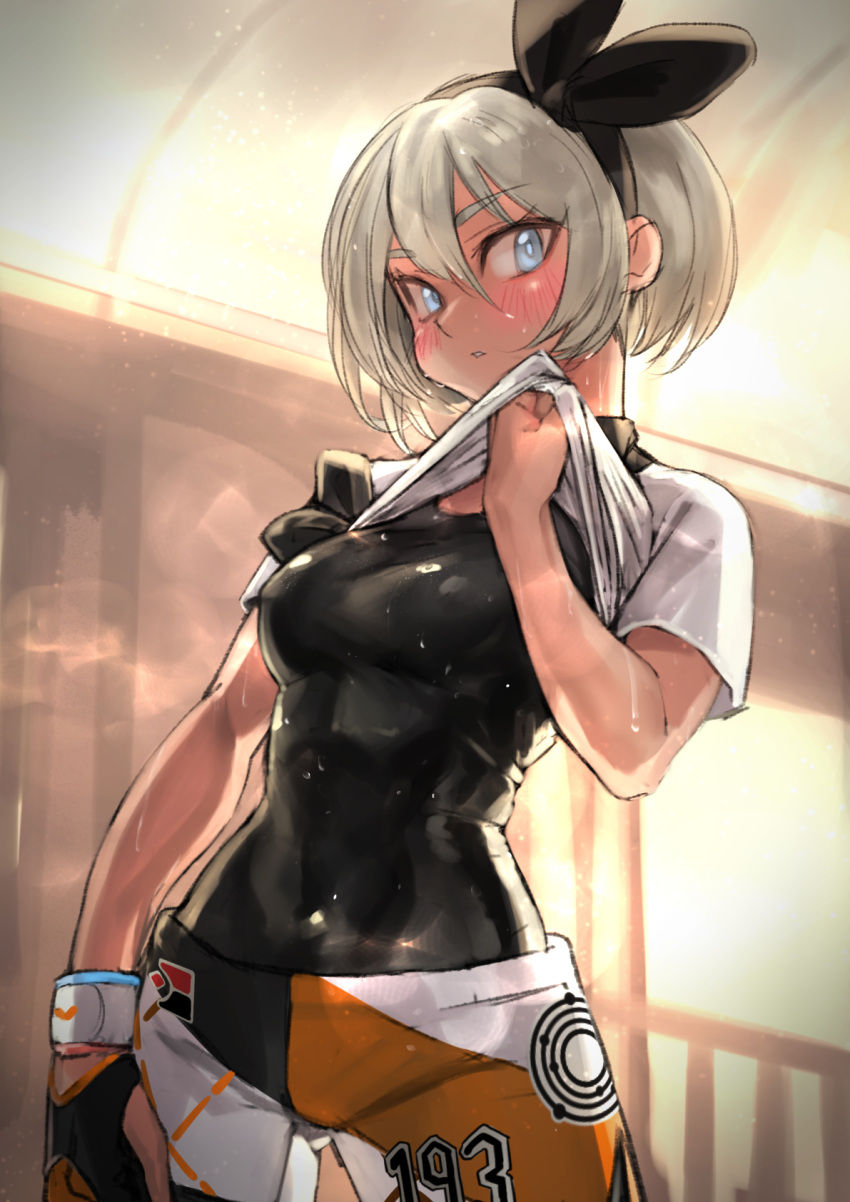 1girl, abs, blurry, blurry_background, blush, bodysuit, covered_navel, covered_nipples, dark_skin, gloves, grey_eyes, grey_hair, hairband, highres, kilye_4421, looking_at_viewer, pokemon, pokemon_(game), pokemon_swsh, saitou_(pokemon), shirt, shirt_lift, short_hair, shorts, solo, sportswear, standing, sweat, toned, wristband