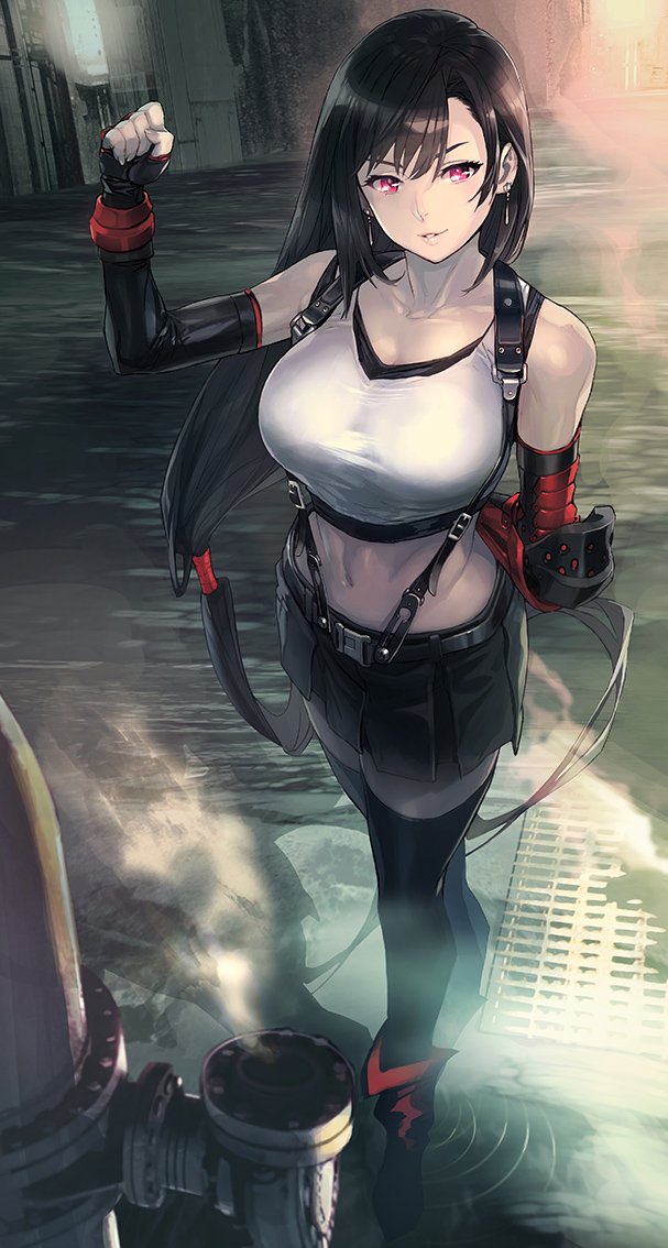 1girl, arm_behind_back, arm_guards, arm_up, bangs, black_hair, black_legwear, black_skirt
