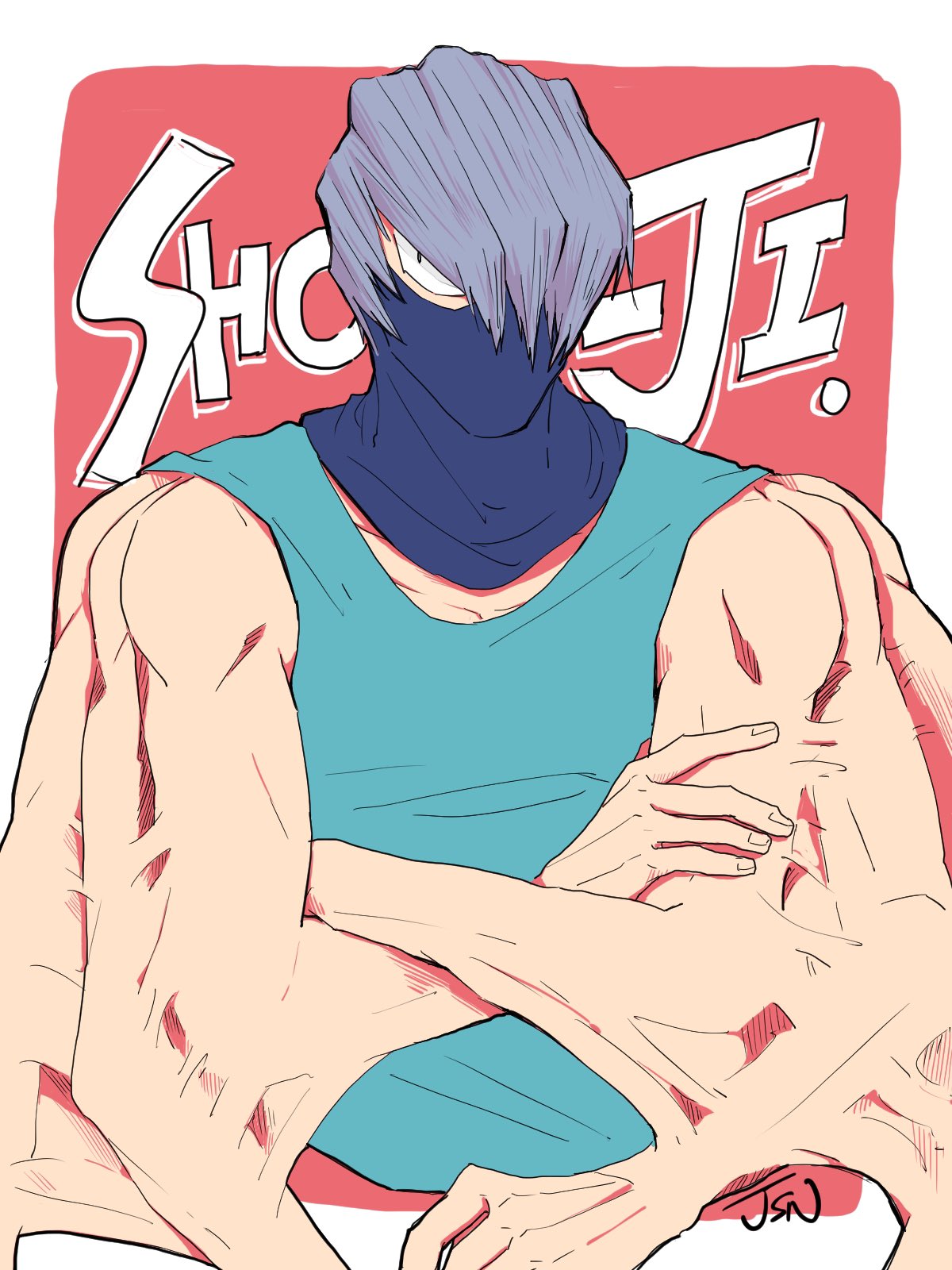1boy, artist_name, boku_no_hero_academia, character_name, crossed_arms, extra_arms, hair_over_one_eye, highres, jjsnn, male_focus, mask, purple_hair, shouji_mezou, solo, white_background
