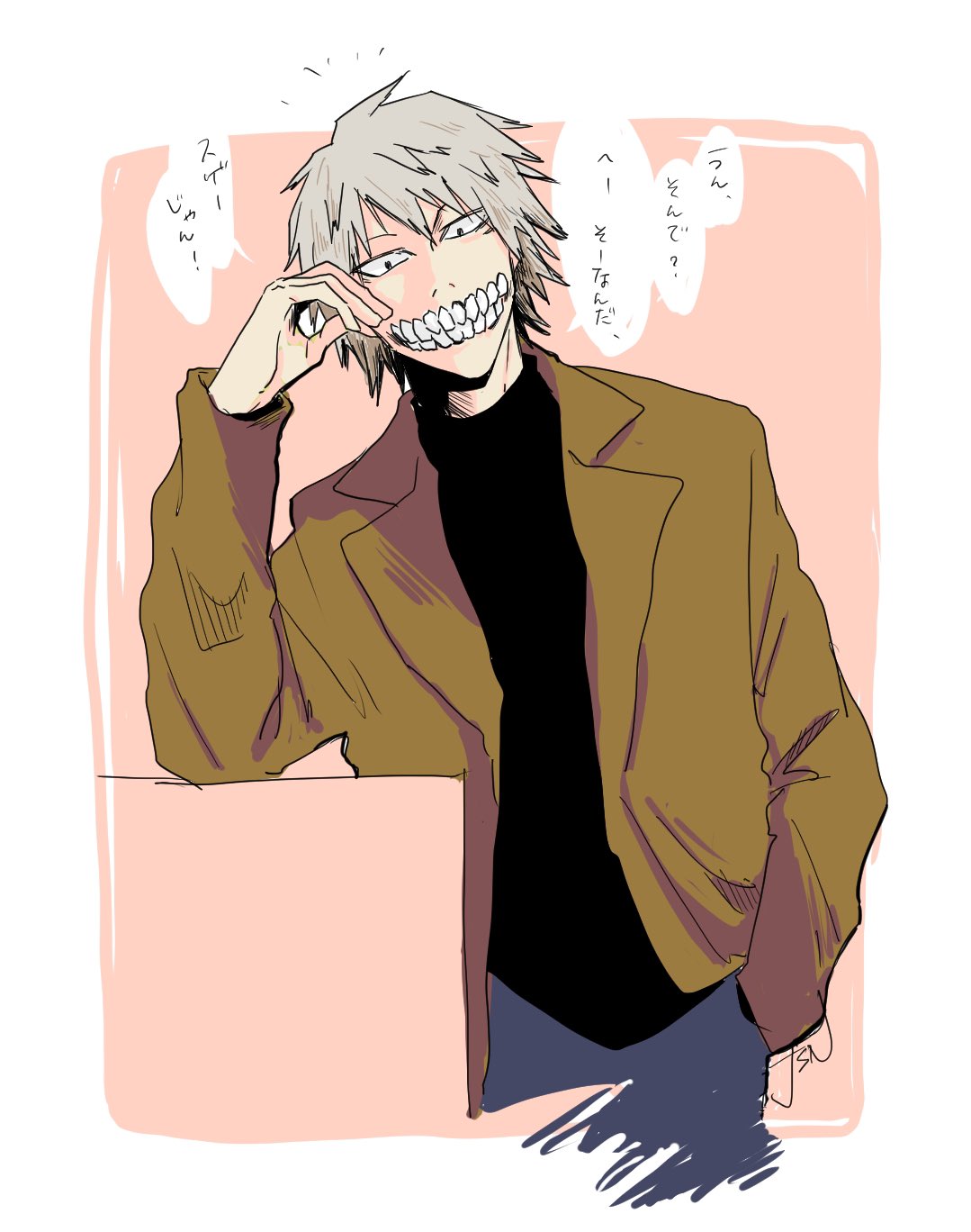 !, 1boy, ?, artist_name, boku_no_hero_academia, highres, honenuki_juuzou, jjsnn, male_focus, solo, teeth, white_background, white_hair