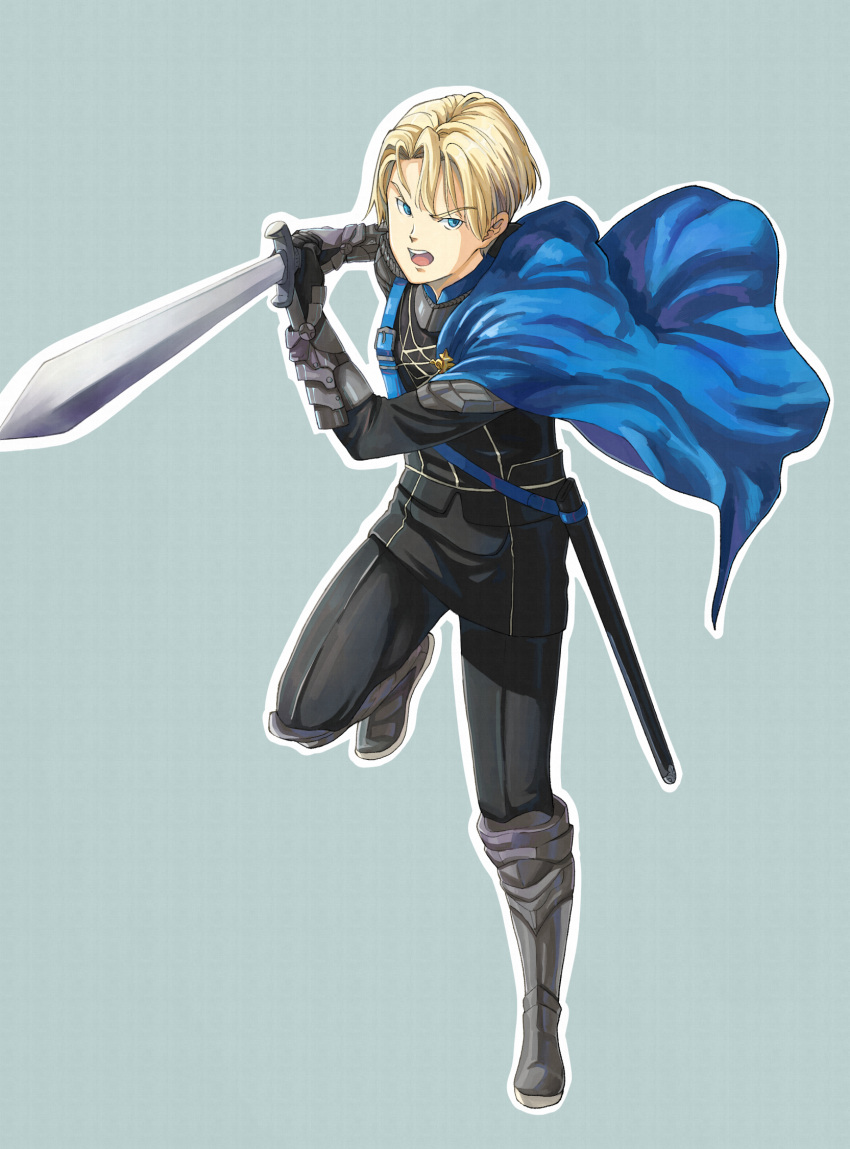 1boy, armor, blue_background, blue_eyes, boots, cape, dimitri_alexandre_bladud_(fire_emblem), fire_emblem, fire_emblem:_three_houses, gloves, highres, male_focus, open_mouth, remon99, solo, sword, teeth, weapon